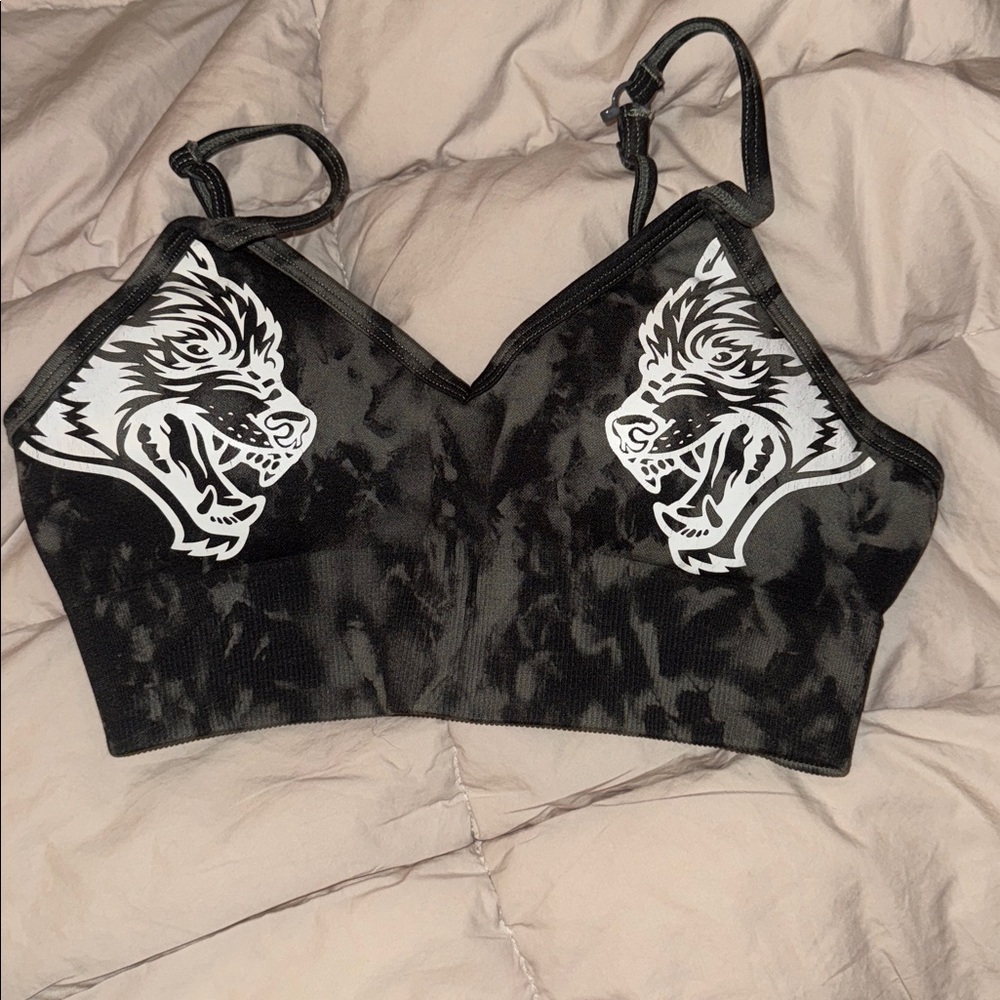 Darc Sport Black Sports Bra with White Wolf Design